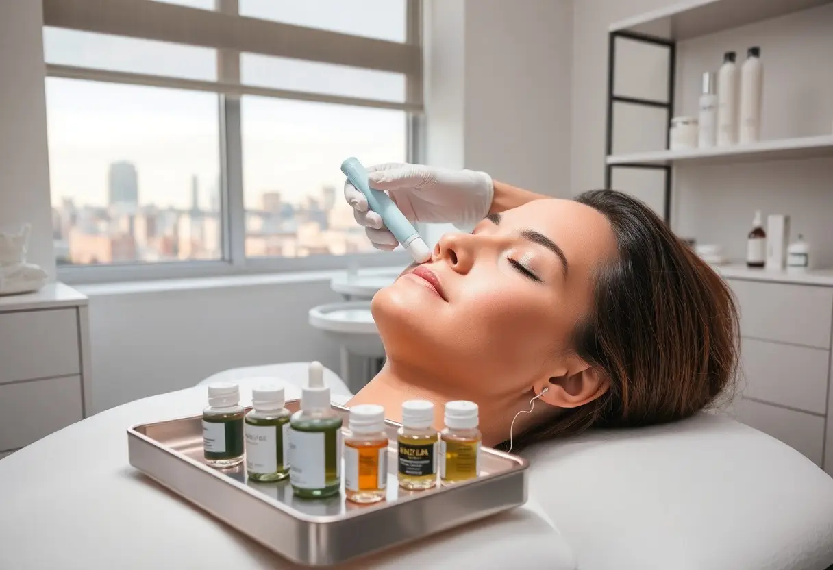 Woman receiving a facial treatment with a handheld device near her nose in a spa clinic; bottles on a tray in the foreground.