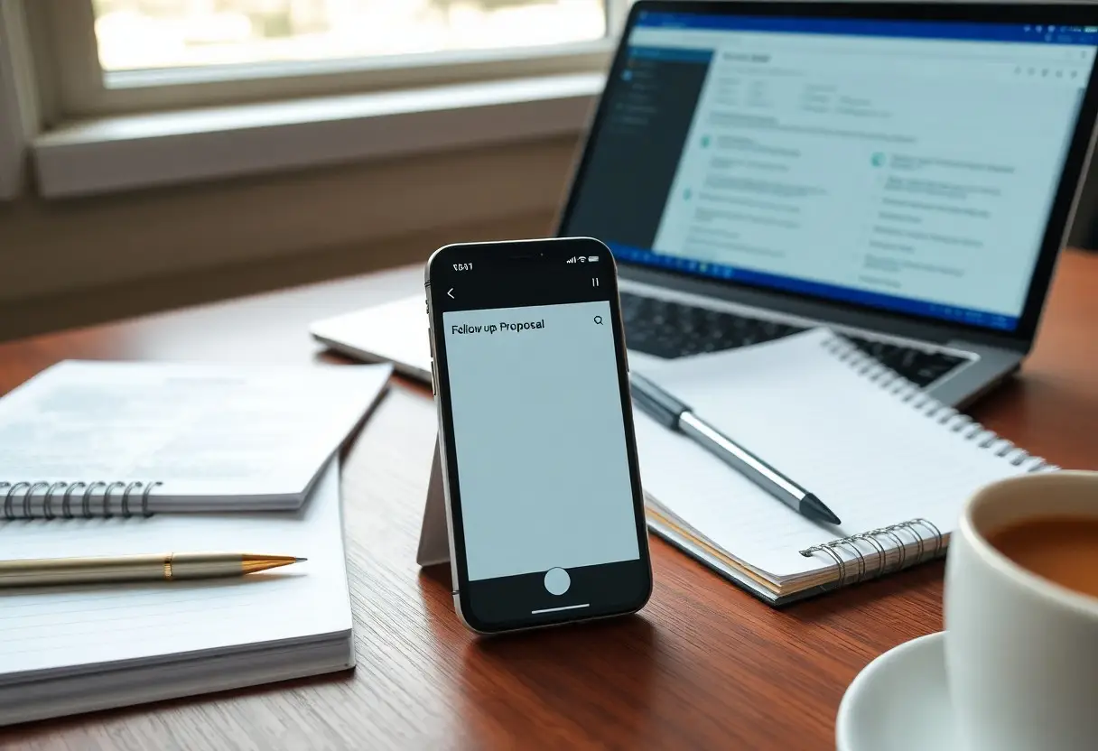 Desk with laptop, notebook, and a smartphone showing 'Follow up Proposal' on screen.
