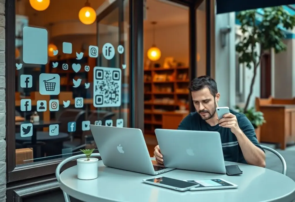 Man working at an outdoor café with two laptops and a phone, social icons visible on the glass window behind him.