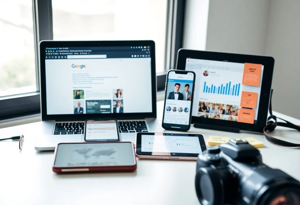 Tech workspace with a laptop open to a Google search page, a tablet showing charts, and a phone displaying a social app on a bright desk alongside a camera in the foreground