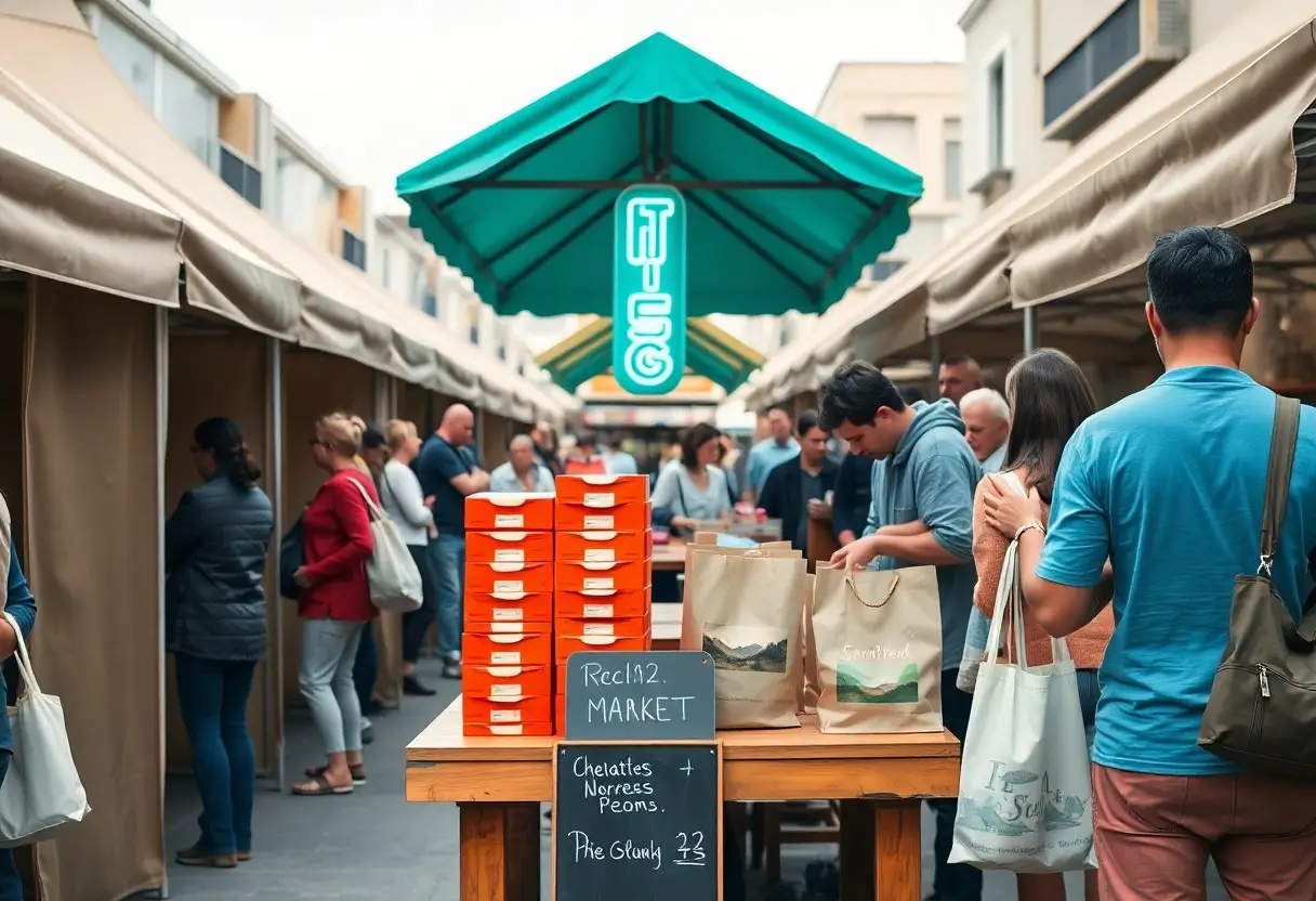 Bustling outdoor market with stalls on both sides, shoppers browsing under a turquoise canopy and a table of orange boxes in the center.