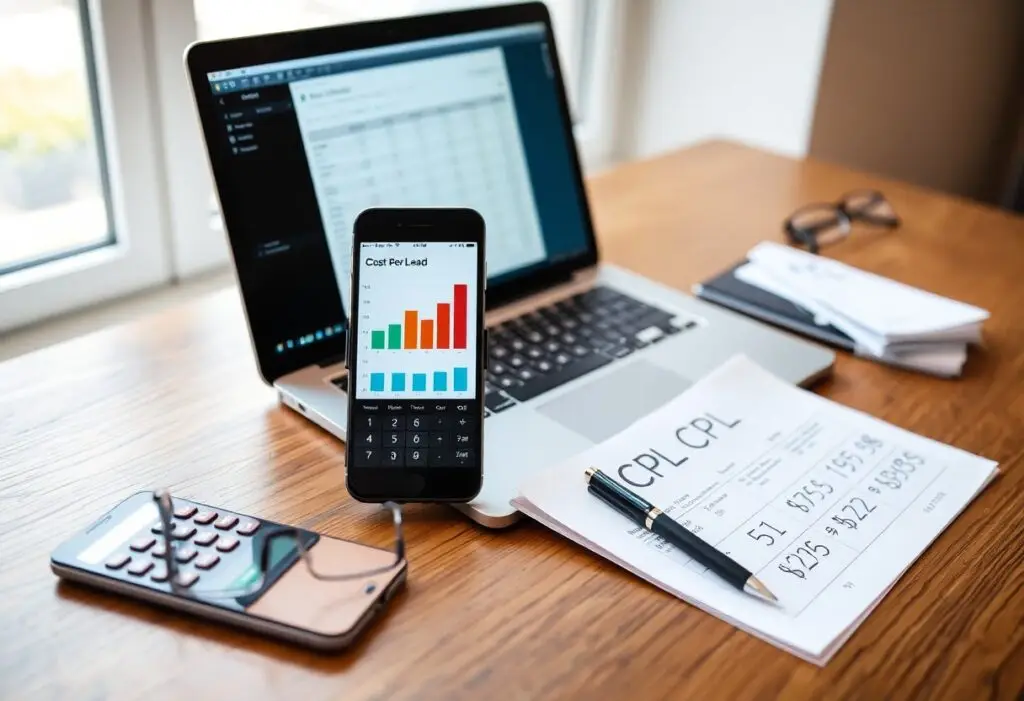 Workspace for financial analysis: laptop open to a spreadsheet, smartphone showing a colorful bar chart, and financial documents on a wooden desk.
