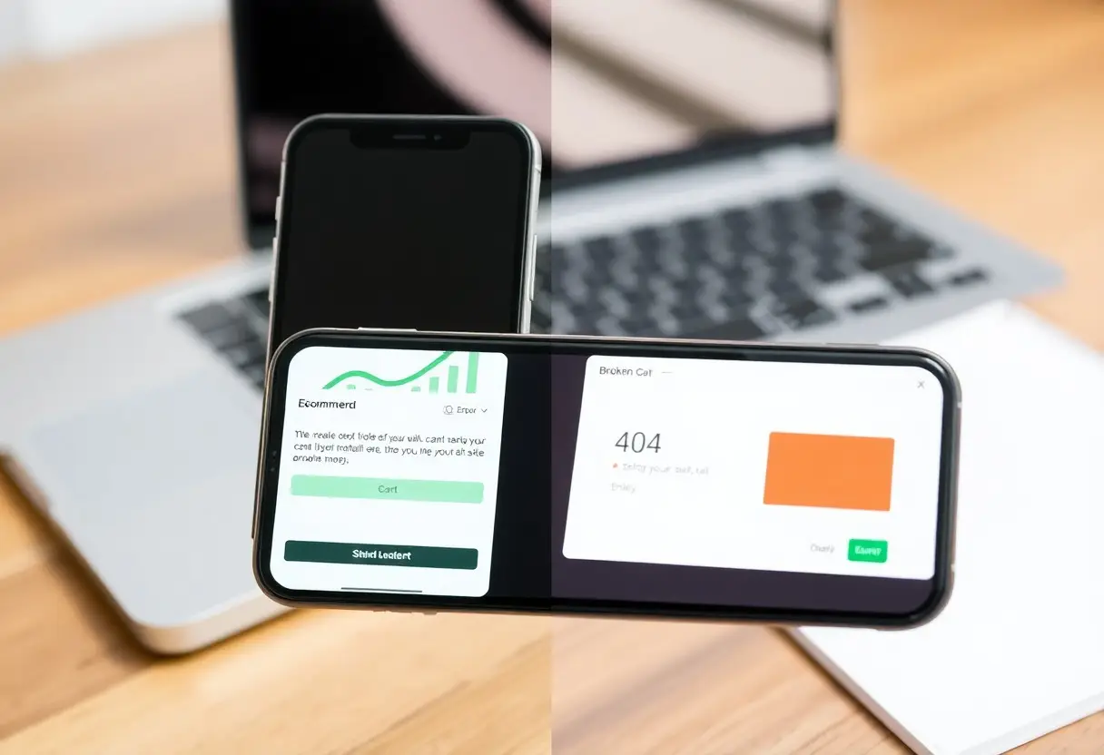 Smartphone held horizontally showing split screen: left shopping cart UI, right 404 error page, on a wooden desk with a laptop in the background.