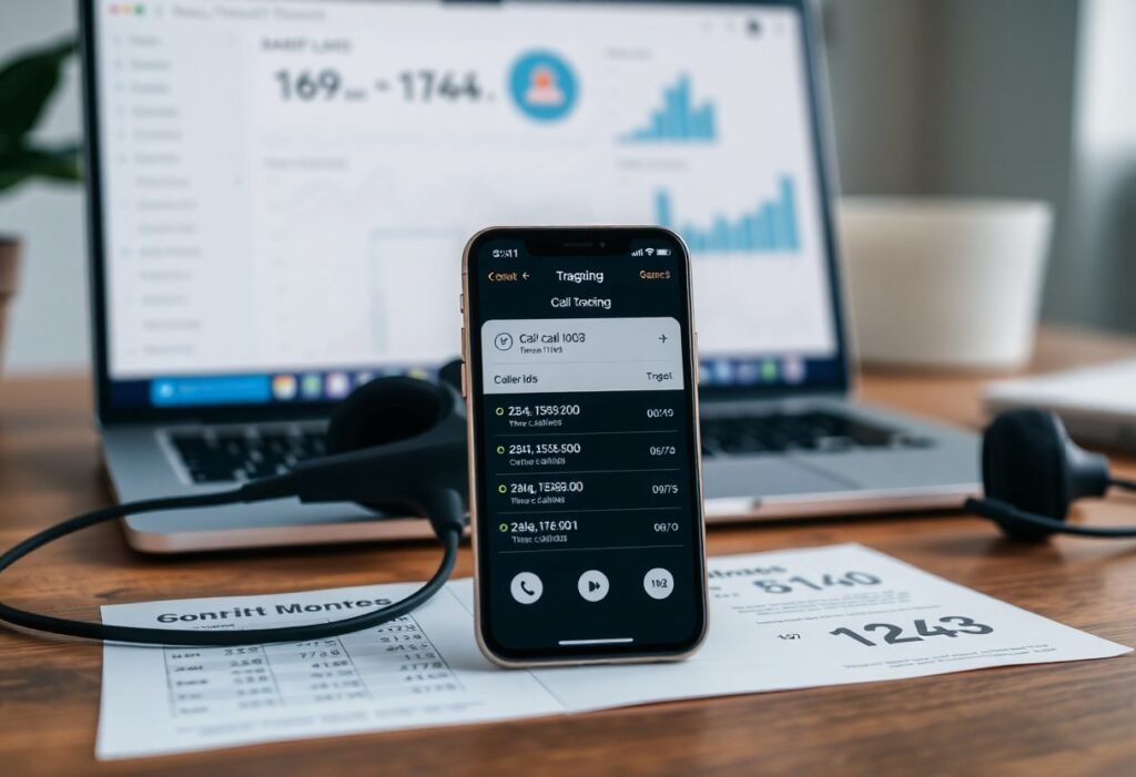Smartphone displays a call-tracing app with a list of callers on a desk in front of a laptop and papers.