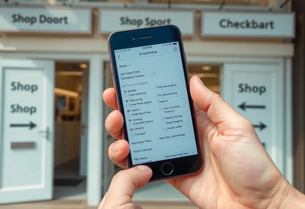 Person holds a smartphone showing a shopping app as the background displays store signs like 'Shop', 'Shop Door' and 'Checkout' for in-store mobile shopping assistance.
