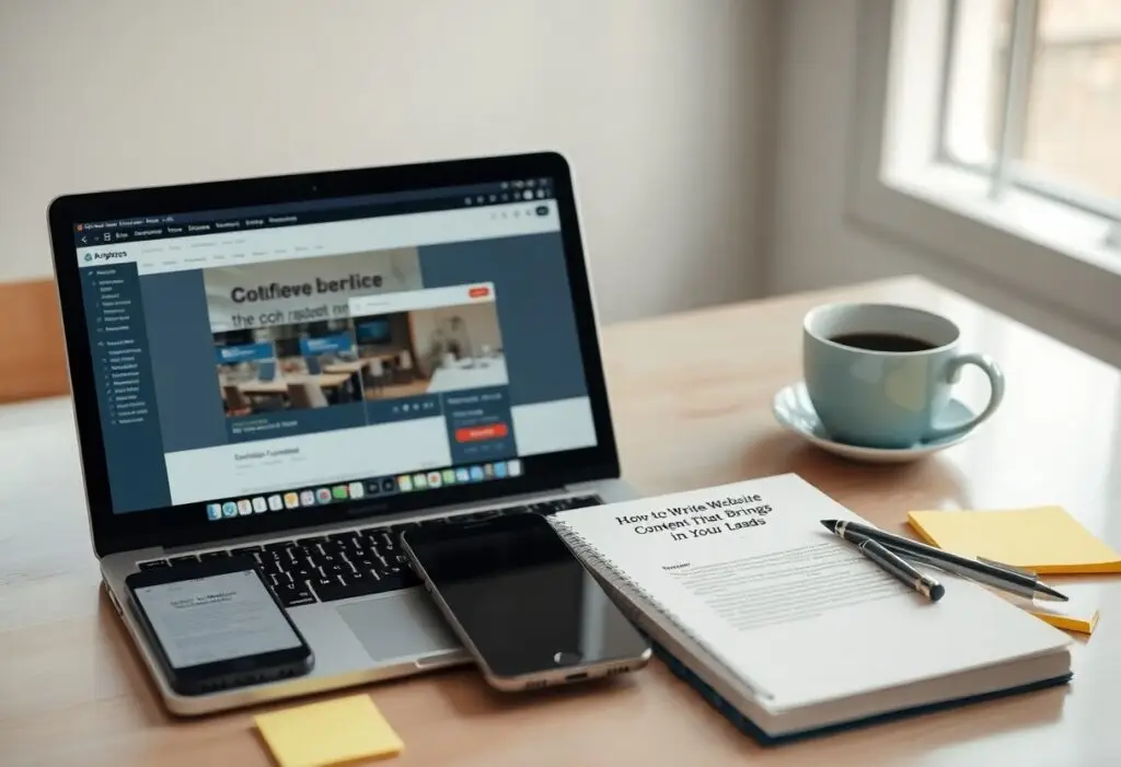 A laptop, smartphone, notebook, and coffee cup on a wooden desk, suggesting a productive workspace.
