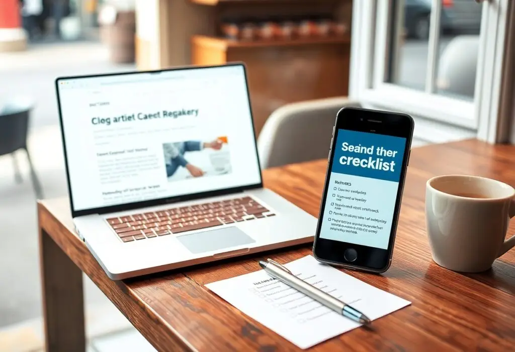 Workspace on a wooden table with a laptop, a smartphone showing a checklist, a pen, and a coffee mug nearby.