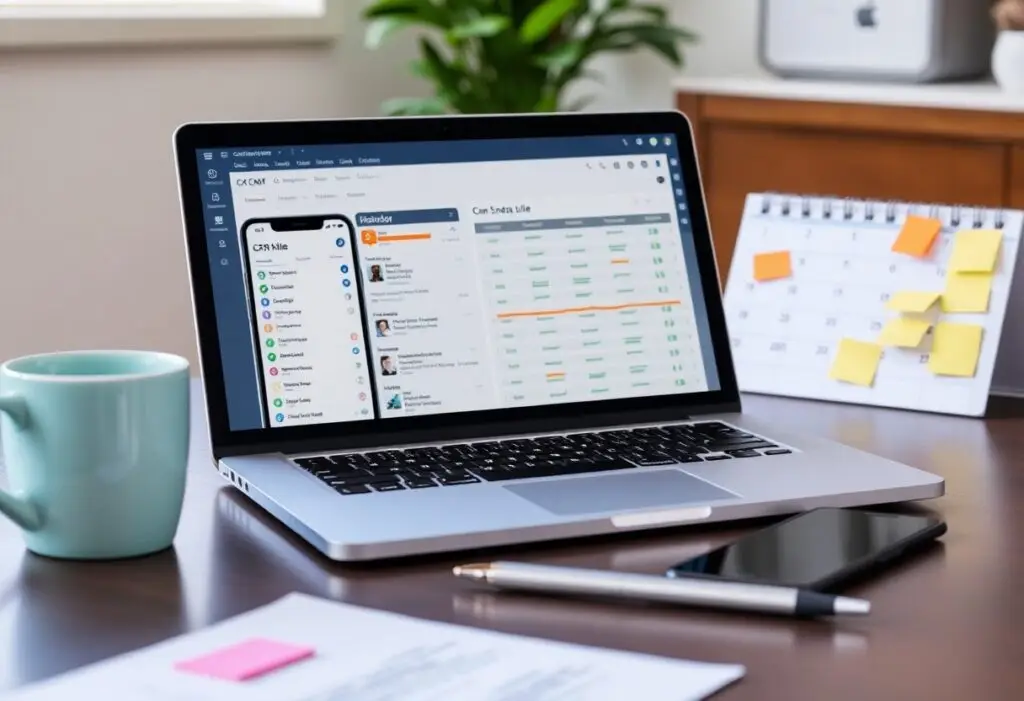 Laptop on a desk displaying a multi-panel dashboard; teal mug, planner calendar with sticky notes, and a smartphone nearby.