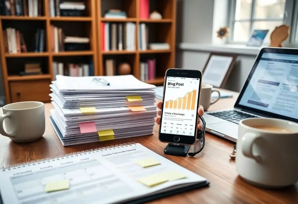 Desk cluttered with a smartphone showing a growth chart, a laptop, a tall stack of papers with sticky notes, and two coffee mugs at a wooden desk.