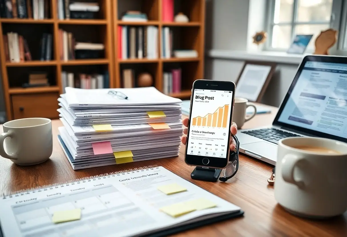 Desk cluttered with a smartphone showing a growth chart, a laptop, a tall stack of papers with sticky notes, and two coffee mugs at a wooden desk.