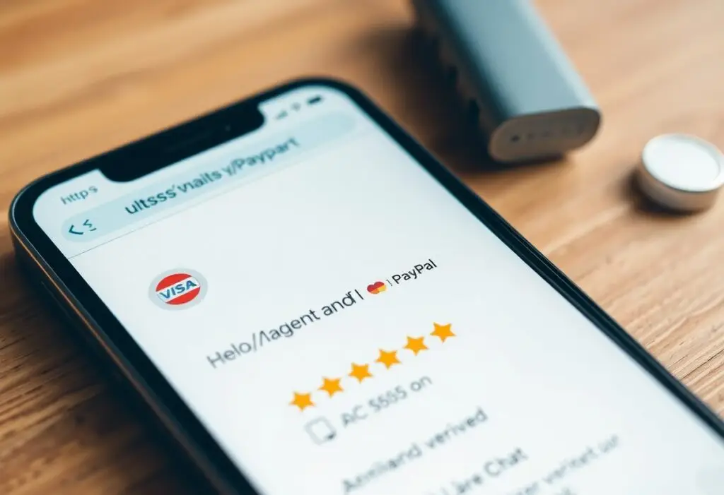 Mobile phone displaying a PayPal checkout page with a Visa logo and a five-star rating.