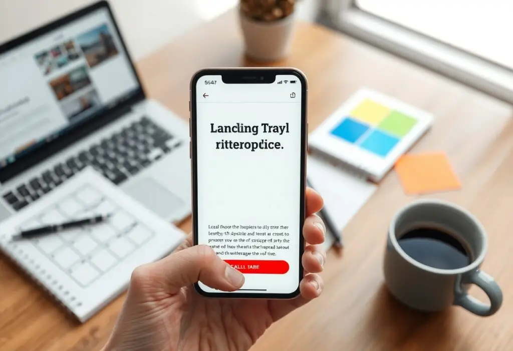 Hand holding a smartphone displaying an app screen with bold text and a red button on a wooden desk.