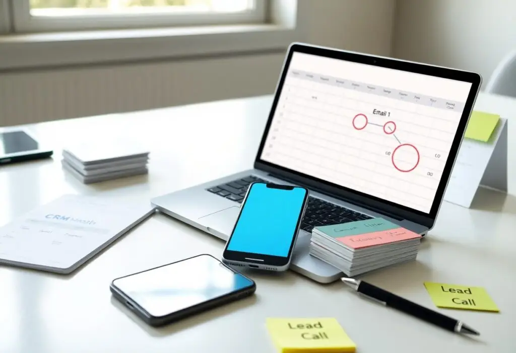 Laptop on a white desk displaying a chart, with a smartphone, pen, and stacks of cards nearby; sticky notes say Lead Call and similar reminders.