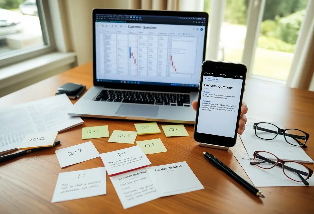 Desk scene with a laptop, a smartphone displaying 'Customer Questions', scattered sticky notes labeled Q1–Q12, papers, pens, and glasses on a wooden table.