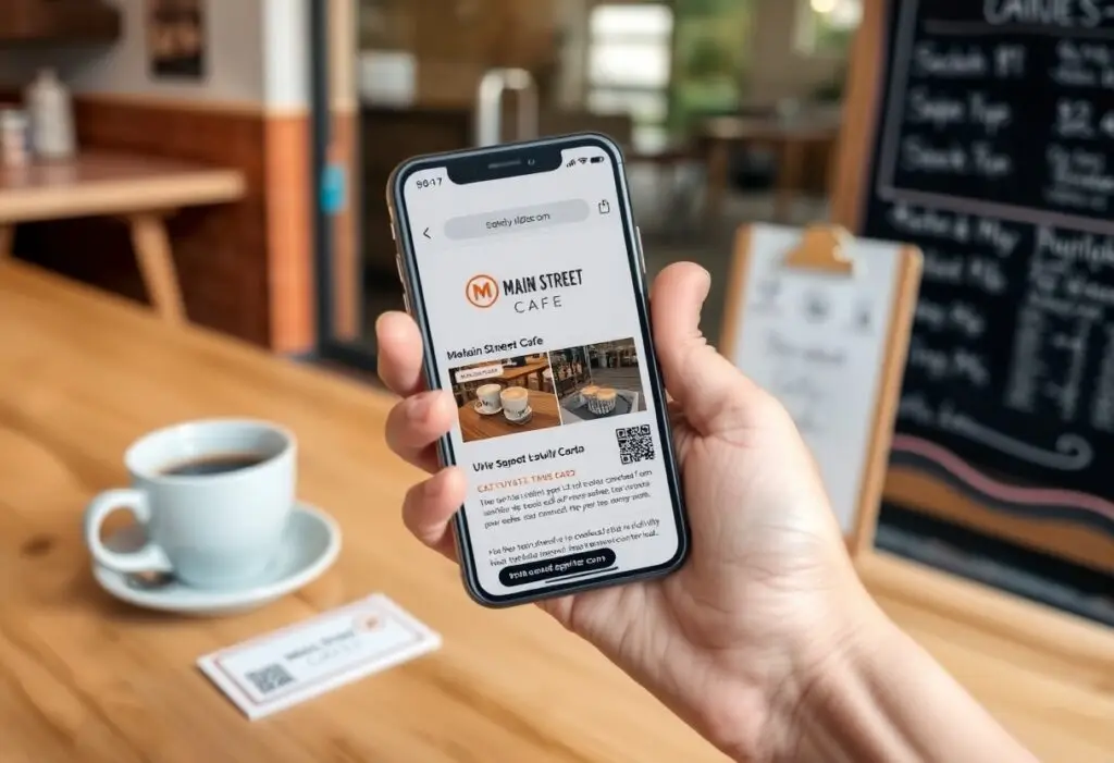 Hand holding a phone displaying the Main Street Cafe app at a cafe with a coffee cup on the table.