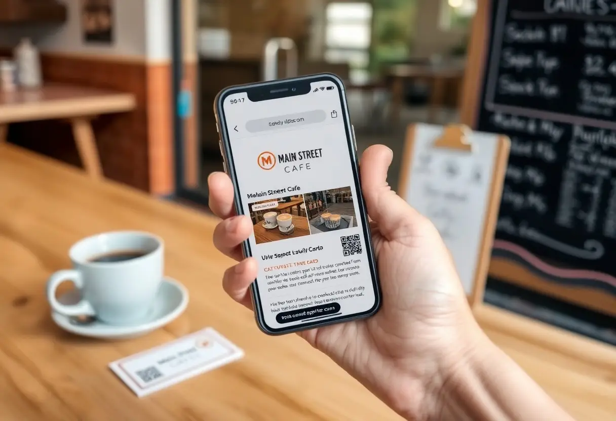 Hand holding a phone displaying the Main Street Cafe app at a cafe with a coffee cup on the table.
