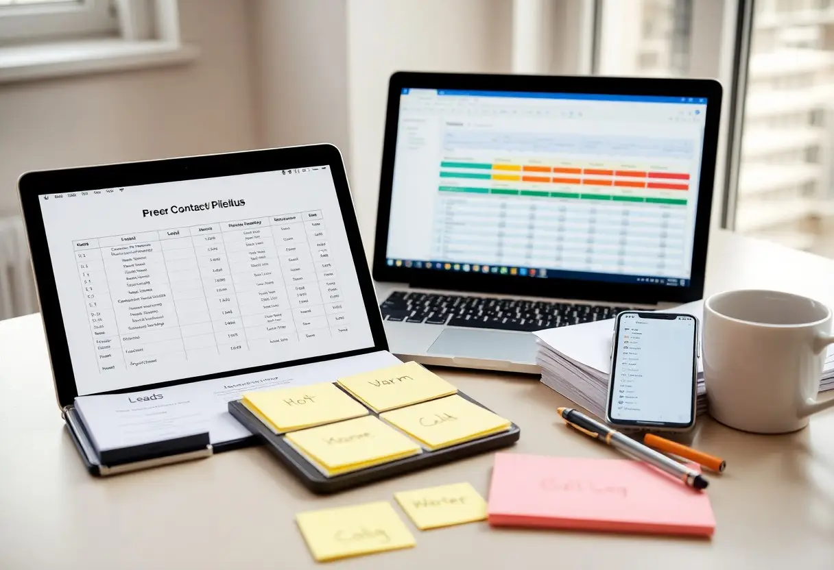 Two laptops on a desk displaying spreadsheets, with sticky notes and a phone nearby on a light table next to a mug.
