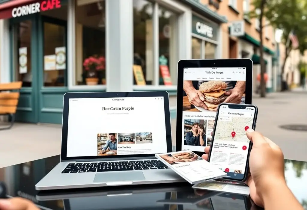 Laptop, tablet, and smartphone on a cafe table displaying websites and a map outdoors.