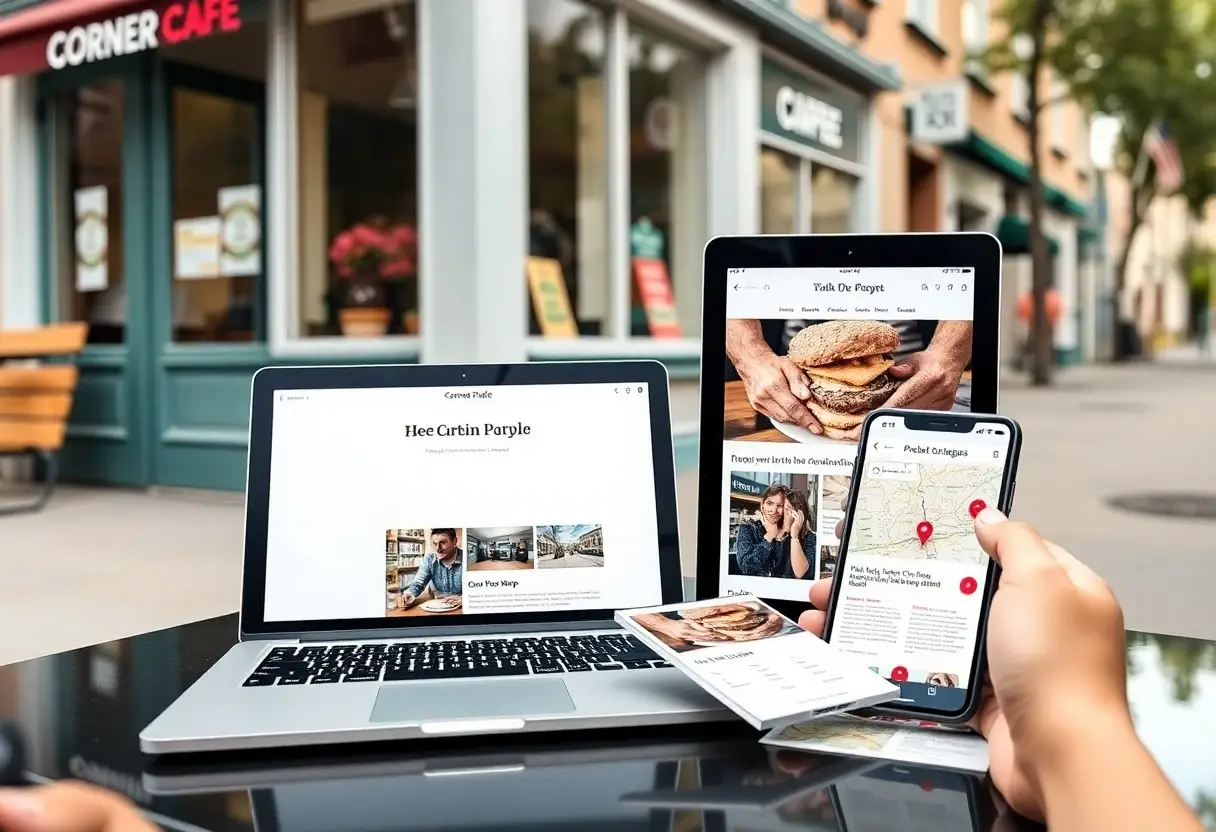 Laptop, tablet, and smartphone on a cafe table displaying websites and a map outdoors.