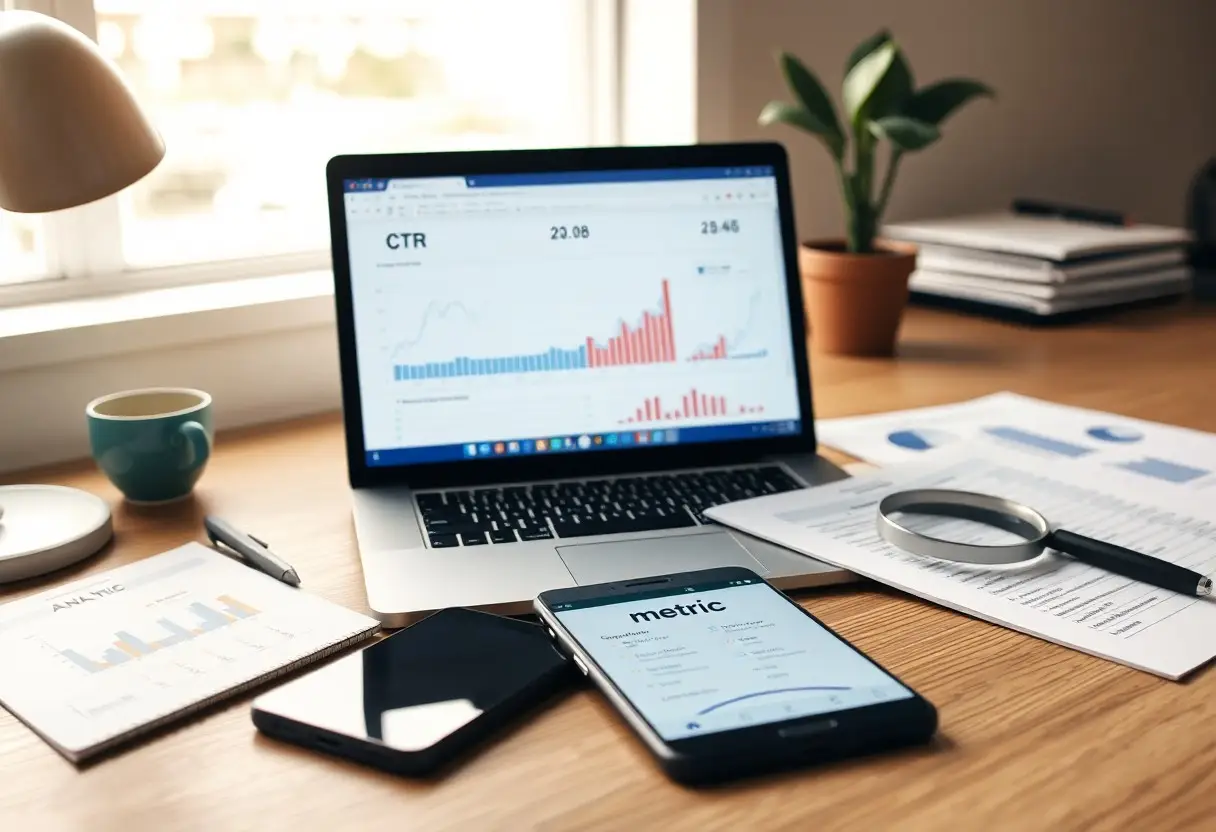 Laptop showing analytics dashboard with charts; smartphone displays metrics; documents, magnifying glass, and pen on a desk with a plant in the background.