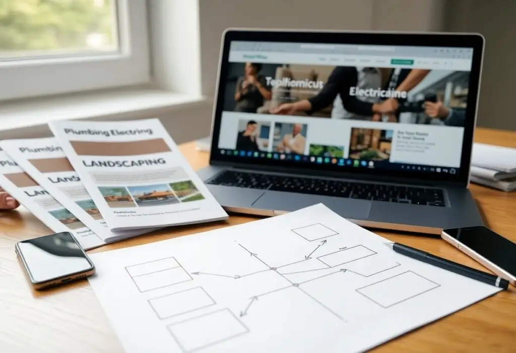Laptop on a desk displaying a home-improvement site, with landscaping and plumbing brochures nearby and a drawn diagram on paper accompanied by a smartphone and pen.