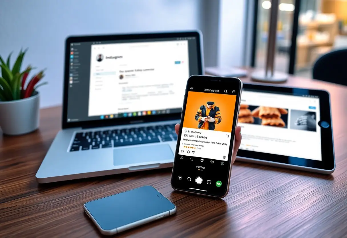 People use multiple devices at a desk: a laptop, a tablet showing a photo gallery, and a smartphone displaying an orange fashion post on Instagram. A small plant sits on the left.