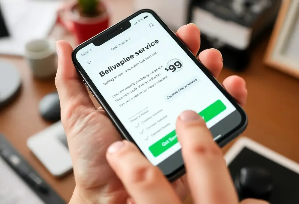 Person holding a smartphone showing a service app with a green action button ready to be tapped on a desk.
