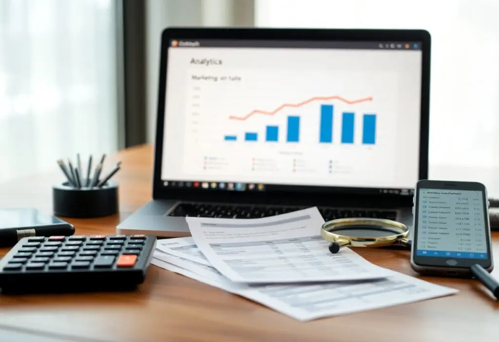 Laptop screen shows an analytics chart while a desk holds financial papers, a calculator, smartphone with data, and a magnifying glass.