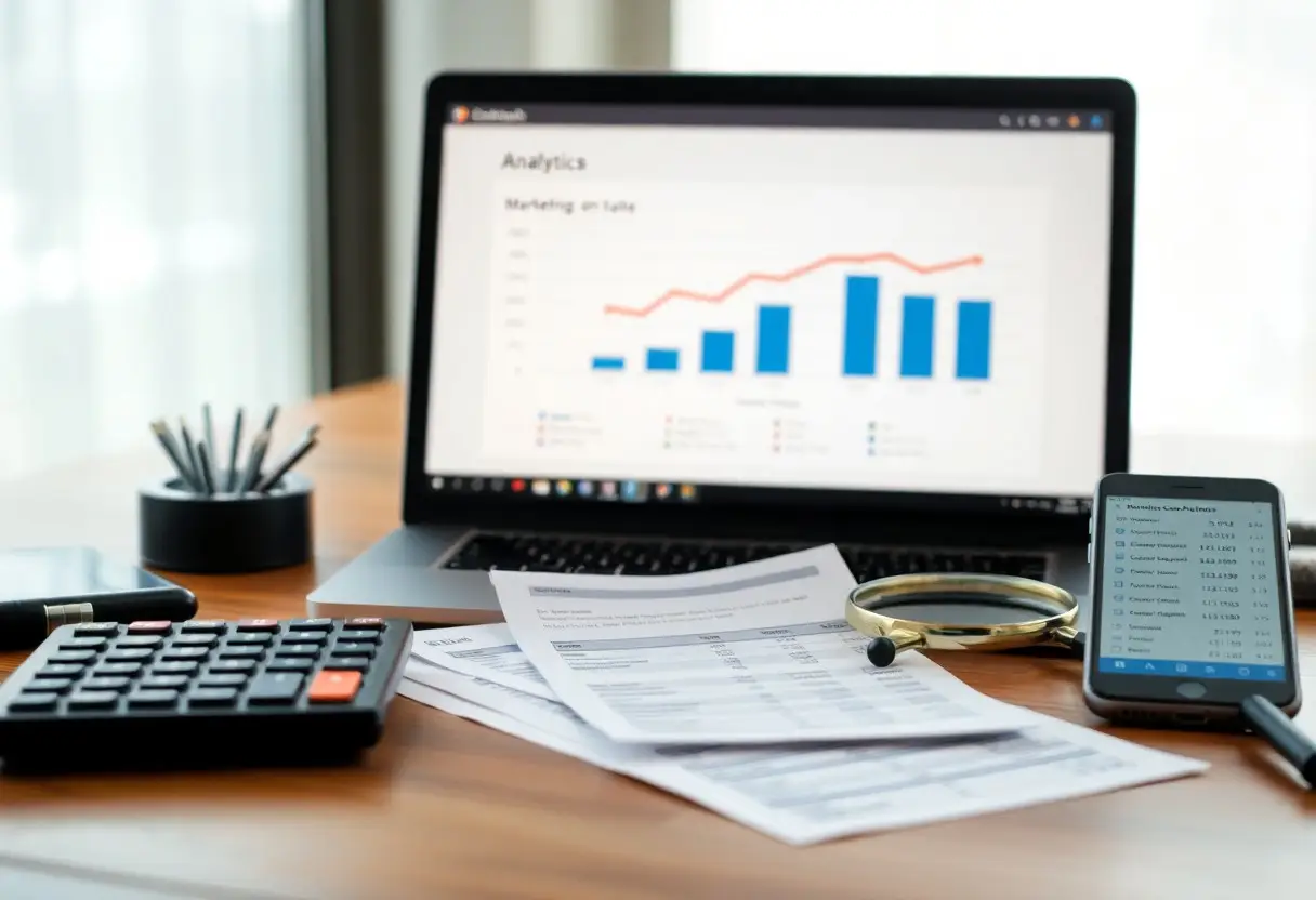 Laptop screen shows an analytics chart while a desk holds financial papers, a calculator, smartphone with data, and a magnifying glass.