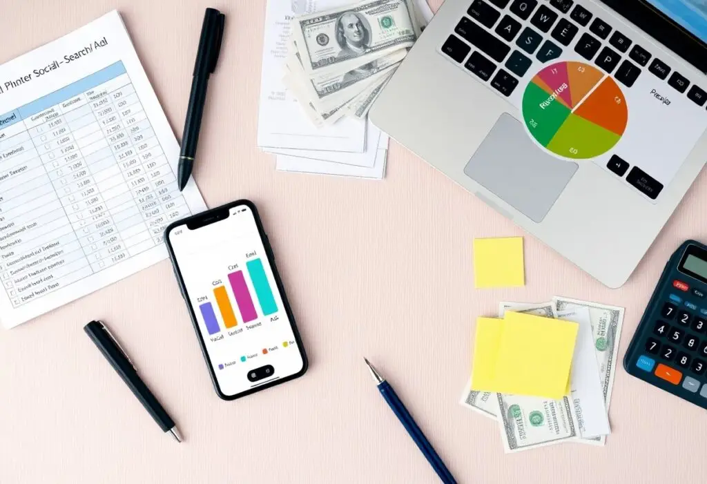 Desk with a laptop showing a colorful chart and a smartphone displaying a bar chart, plus cash, a calculator, pens, sticky notes, and scattered documents.