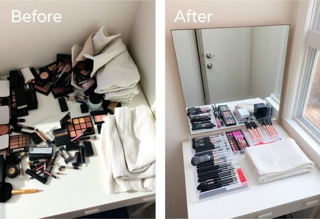 Before: cluttered makeup scattered across a white vanity with towels piled in the corner. After: makeup neatly organized in clear cases by a mirror on the white desk, towels folded nearby.