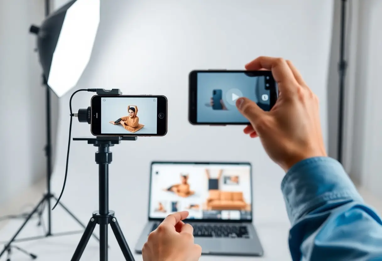 Studio setup: a phone on a tripod records a person in an orange hoodie while another phone is held up to film; a laptop shows product photos on screen.
