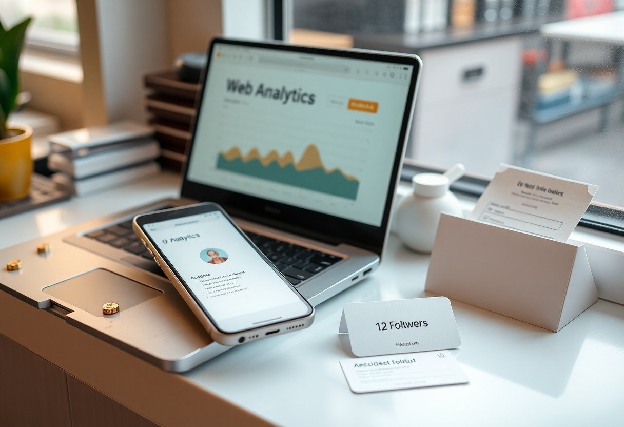 Laptop screen shows Web Analytics graphs beside a smartphone with a user profile on a bright desk