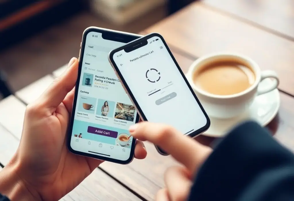 Two smartphones in a person's hands show a shopping app: a product grid with an Add to Cart button on one screen and a loading circle on the other, with a cup of coffee on a wooden table in the background.