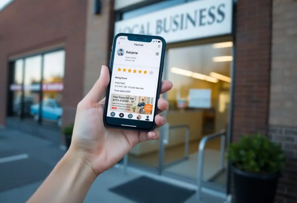 Person holds a smartphone displaying a local business app with a five-star rating outside a storefront labeled 'LOCAL BUSINESS'.