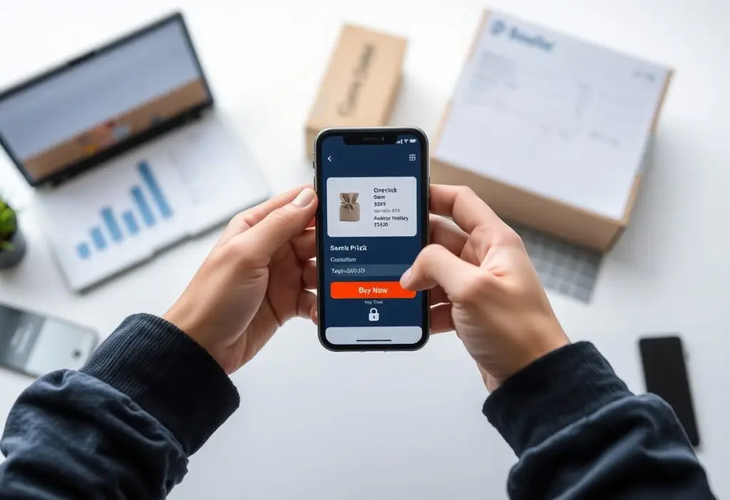 Close-up of hands holding a smartphone showing an e-commerce checkout screen with a product card and a bright Buy Now button.
