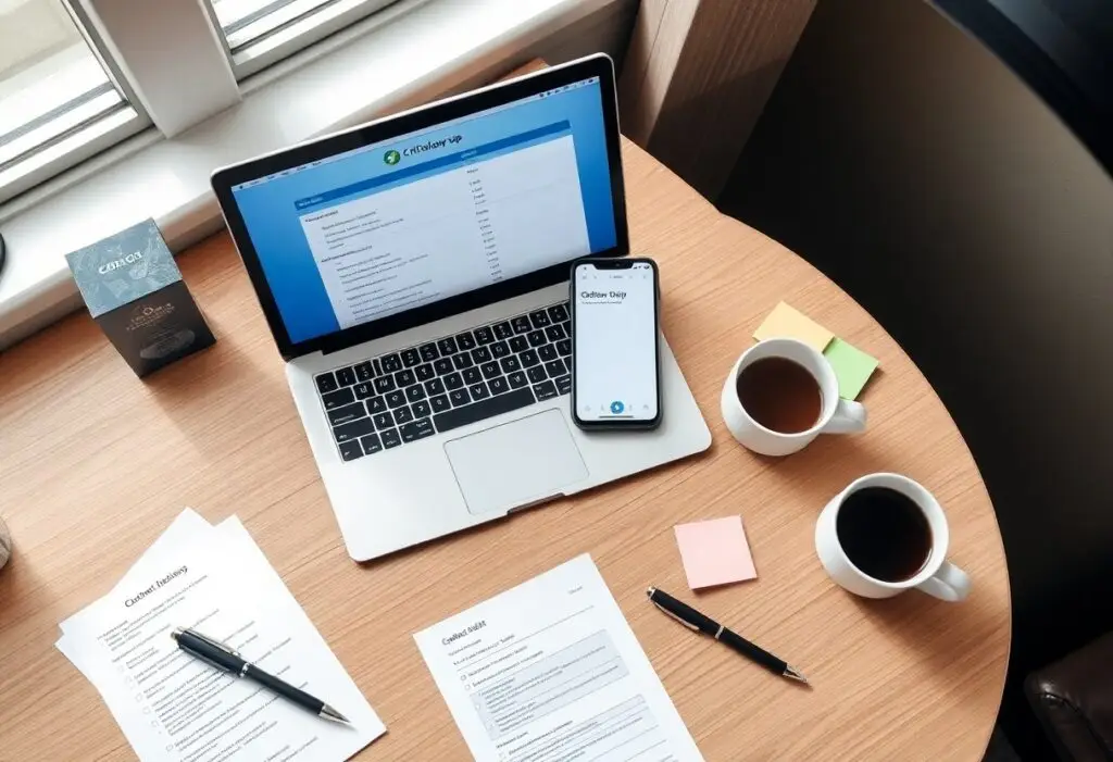 Round wooden desk with an open laptop, a smartphone on its keyboard, two coffee mugs, papers, pens, and sticky notes by a window.