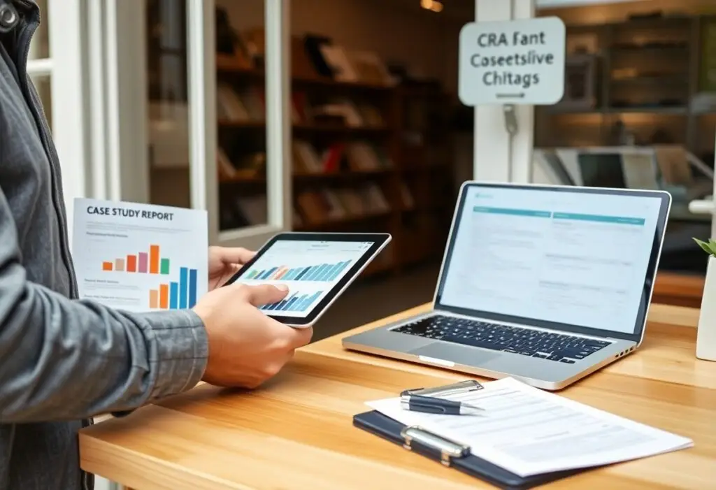 Person using a tablet with charts beside an open laptop and a printed case study report on a wooden desk in a library-like space.