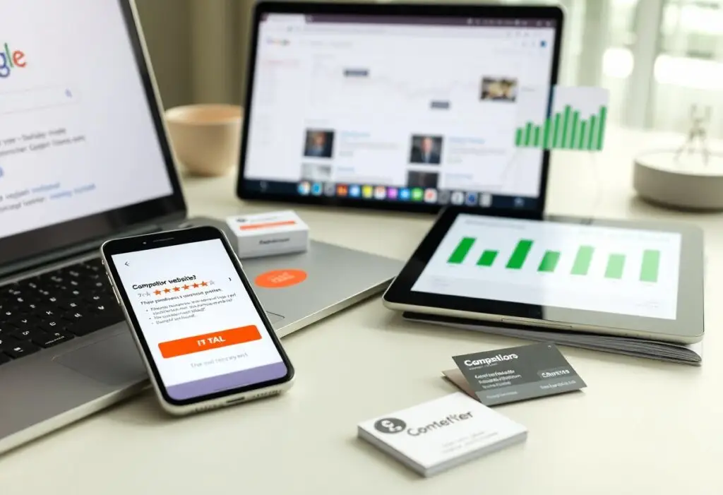 Desk workspace with a laptop, a smartphone showing a 5-star review, and a tablet displaying a green bar chart, plus business cards on the desk.