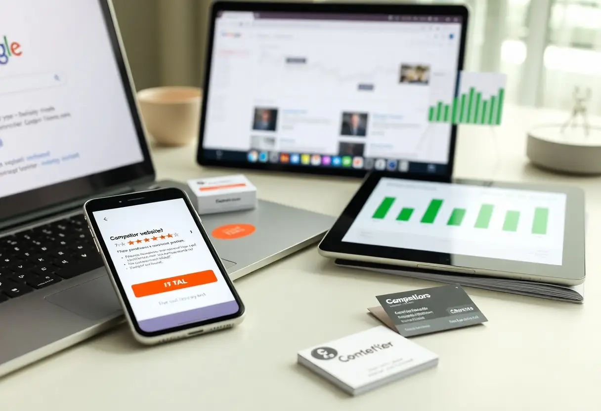 Desk workspace with a laptop, a smartphone showing a 5-star review, and a tablet displaying a green bar chart, plus business cards on the desk.