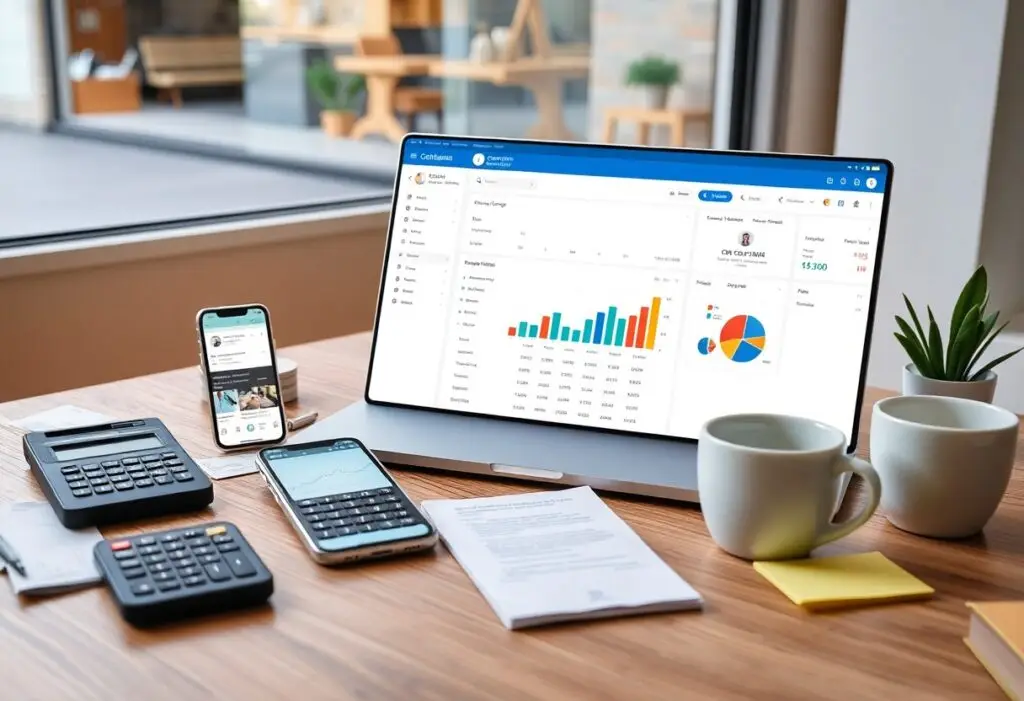 Desk setup with a tablet displaying charts, a phone, calculators, papers, two mugs, and a plant nearby.