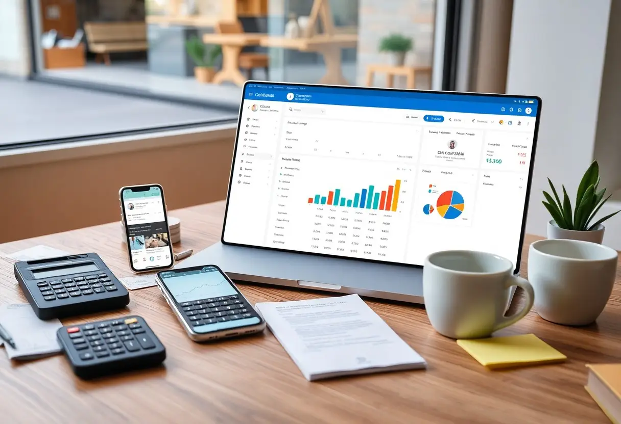 Desk setup with a tablet displaying charts, a phone, calculators, papers, two mugs, and a plant nearby.