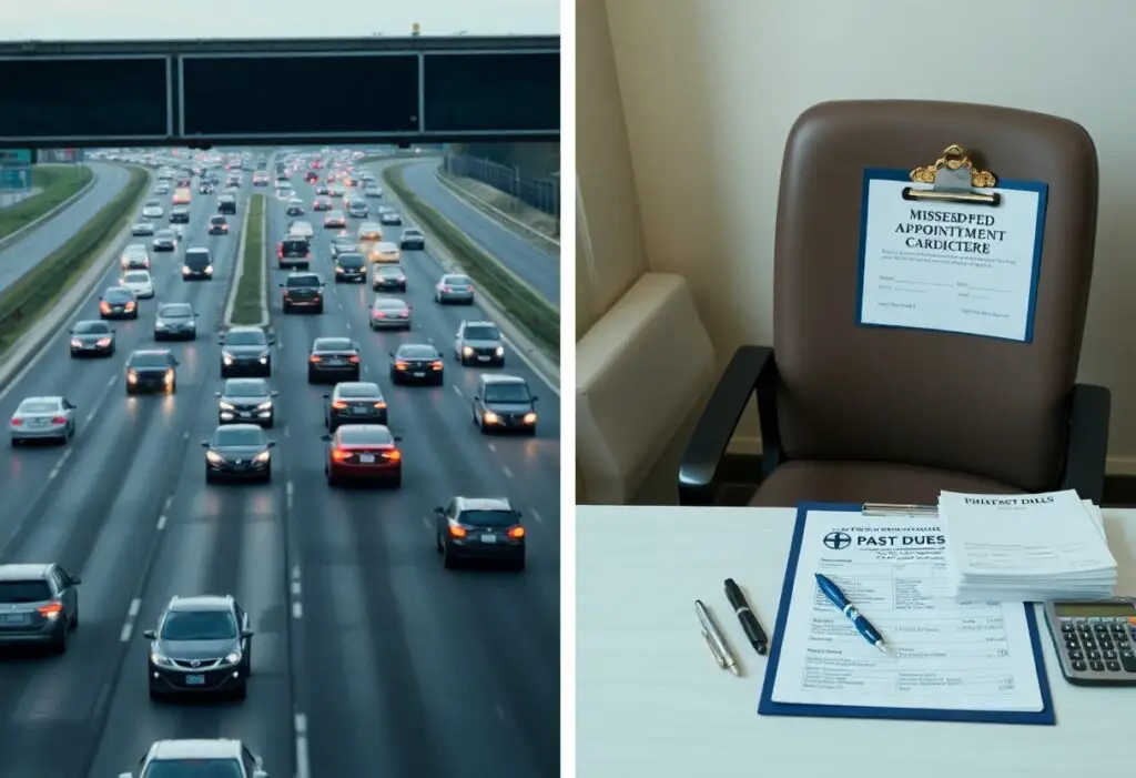 Busy multi-lane highway with cars on the left; a desk with forms, a pen, and a calculator on the right.