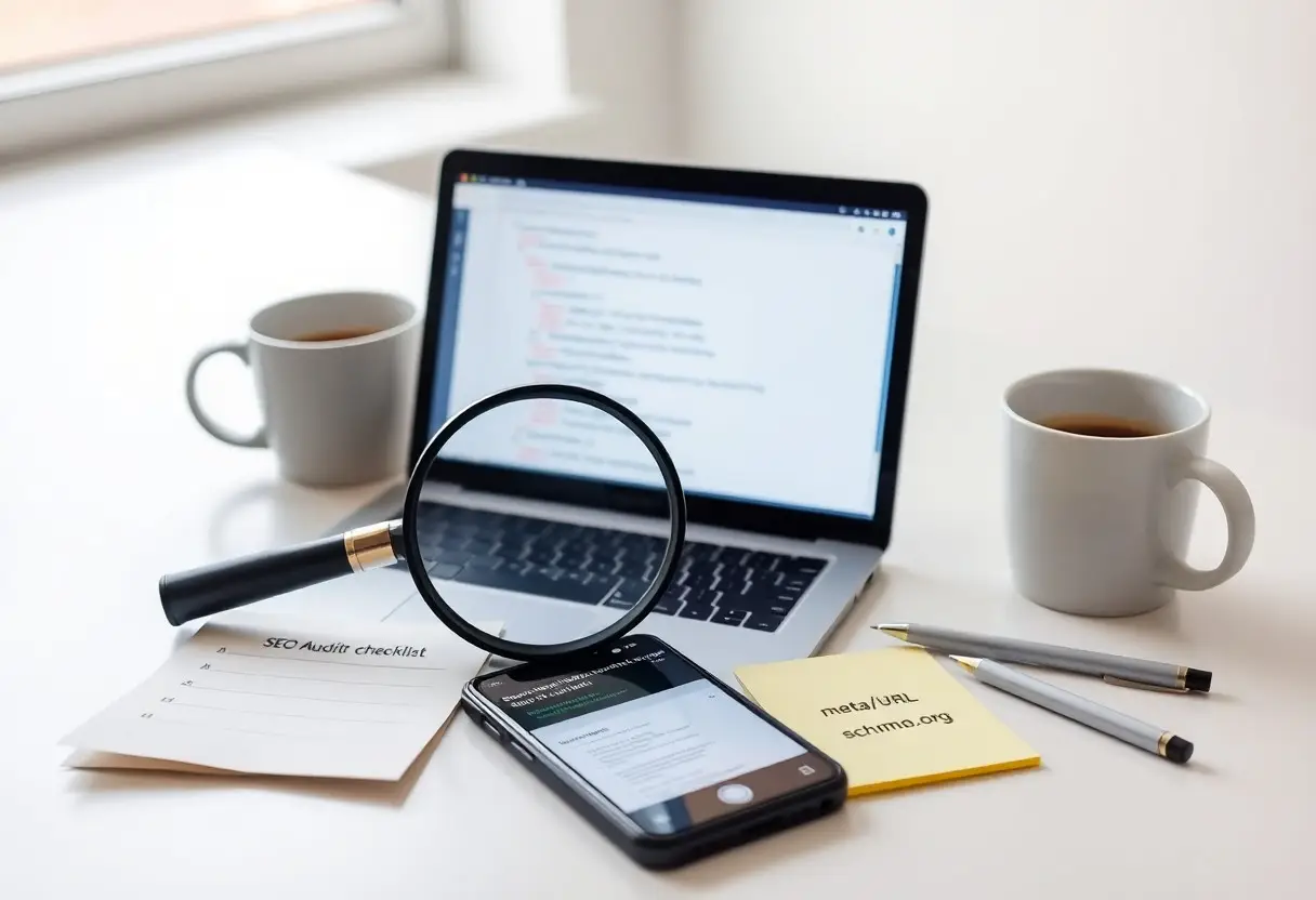 Desk workspace with a laptop, magnifying glass, smartphone, SEO checklist, sticky note, pens, and two coffee mugs.