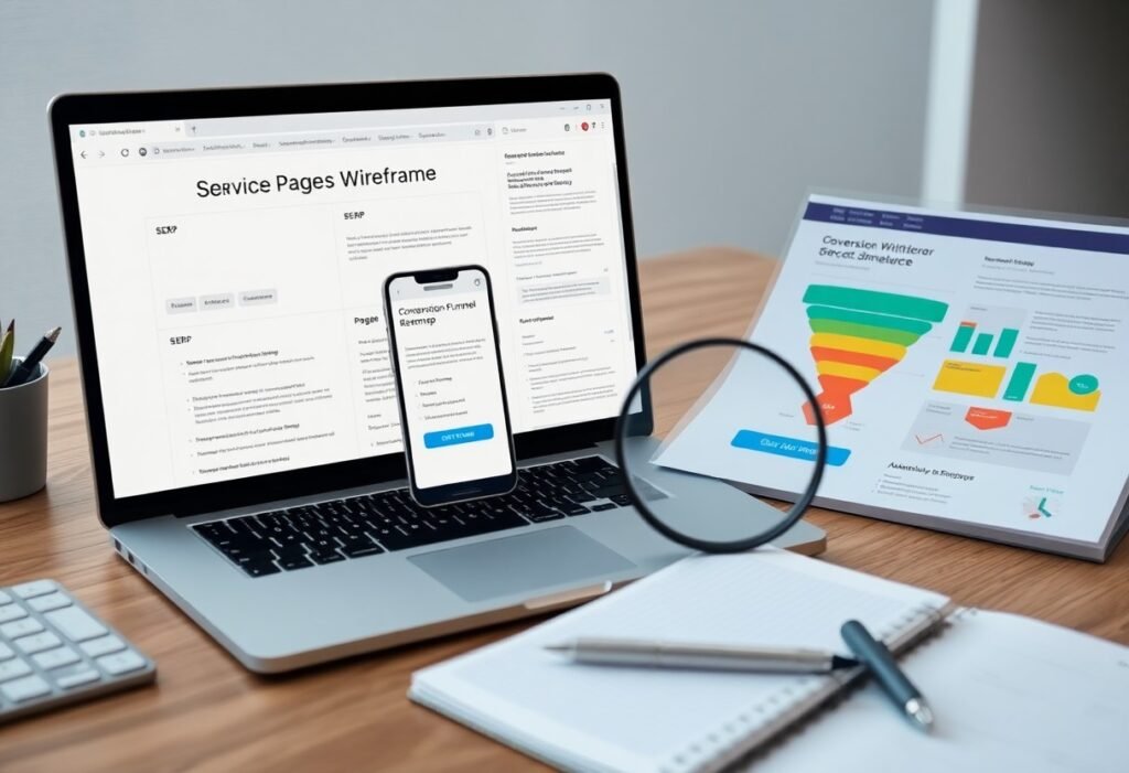 Laptop screen shows 'Service Pages Wireframe' with a mobile mockup, on a desk beside a printed infographic and notebook.