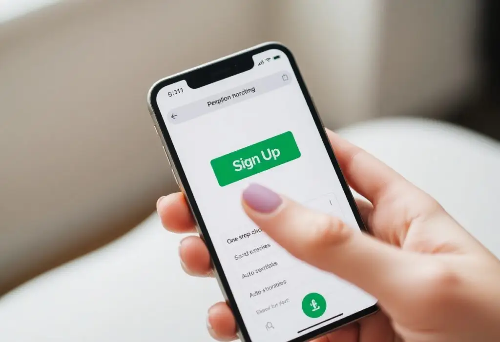 Close-up of a smartphone screen showing a mobile app signup page with a large green Sign Up button