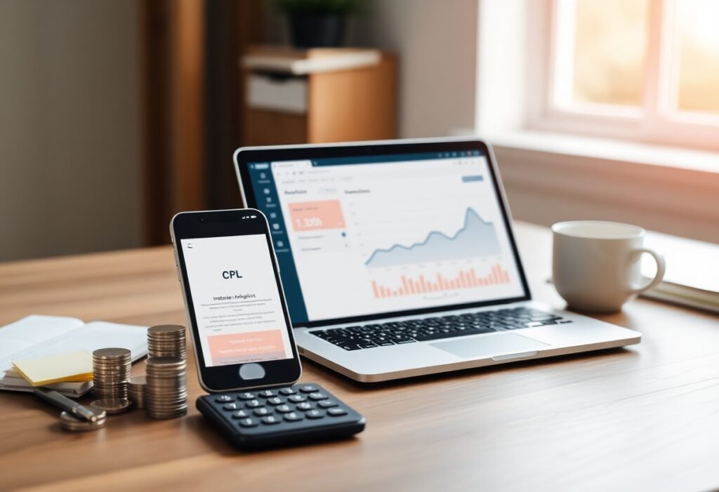 Laptop screen shows financial charts and graphs on a tidy desk with a coffee cup nearby.