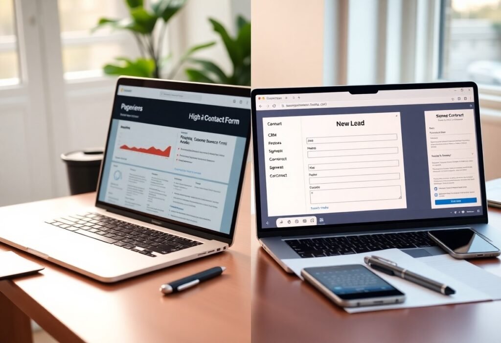 Two laptops on a wooden desk display business dashboards: the left screen shows charts and data, the right screen shows a 'New Lead' form, with a smartphone, notebook and pen nearby in a bright office setting.
