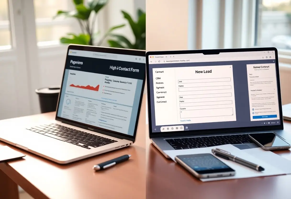 Two laptops on a wooden desk display business dashboards: the left screen shows charts and data, the right screen shows a 'New Lead' form, with a smartphone, notebook and pen nearby in a bright office setting.