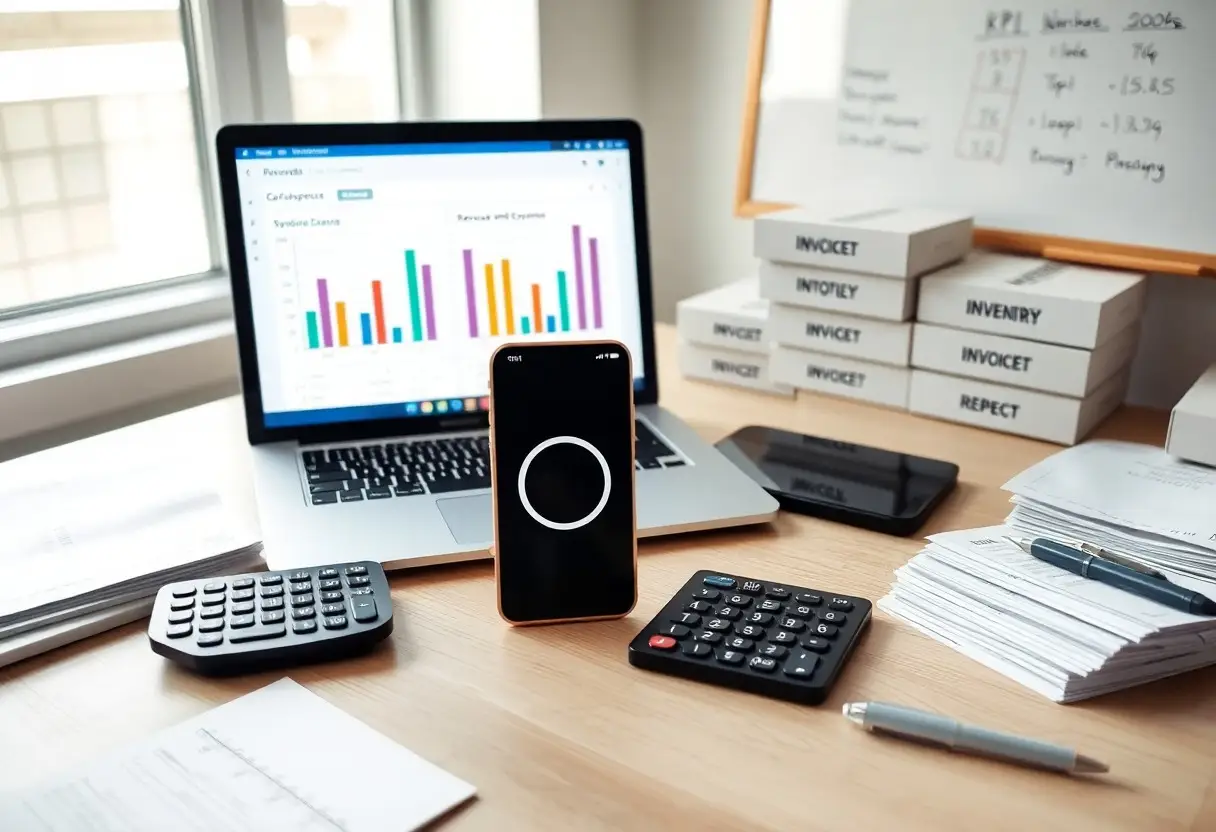 Desk with a laptop showing colorful bar charts, a smartphone, calculator, stacked boxes labeled INVOICE and INVENTORY, and scattered papers for accounting.